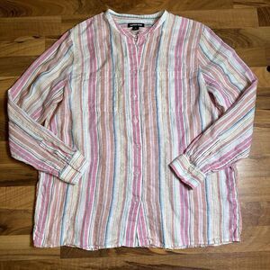 Lands End Women's Large Linen Blouse Pink Metallic Striped Button‎ Down